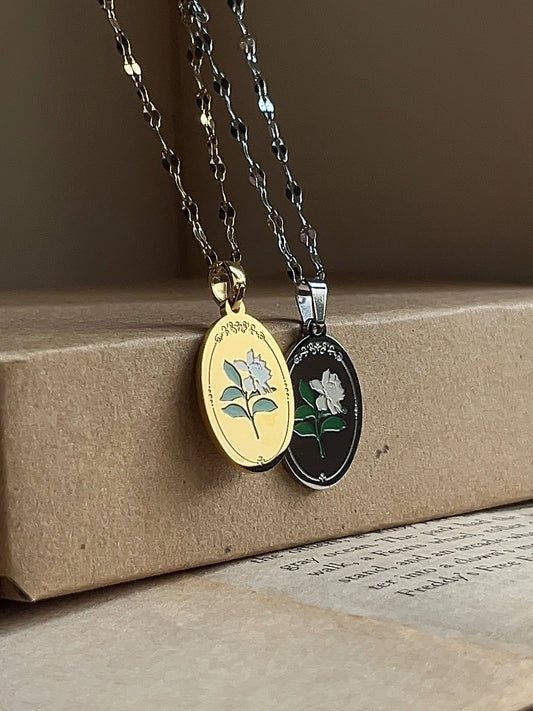This Was All For You | Oval Pendant Necklace | Gardenia Flower, Stainless Steel
