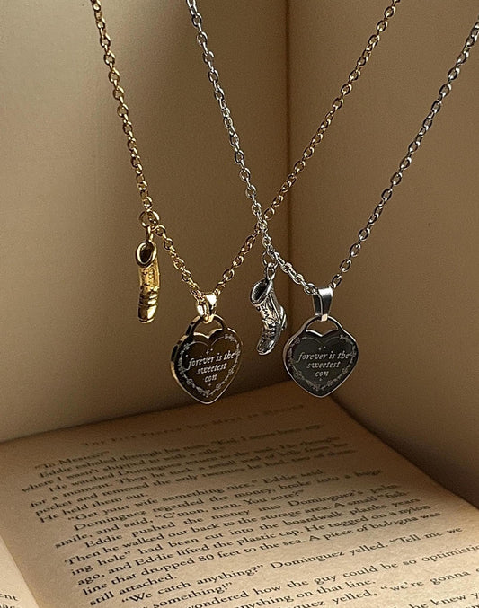 Cowboy Boots Heart Pendant Necklace: Engraved Stainless Steel Double Charm