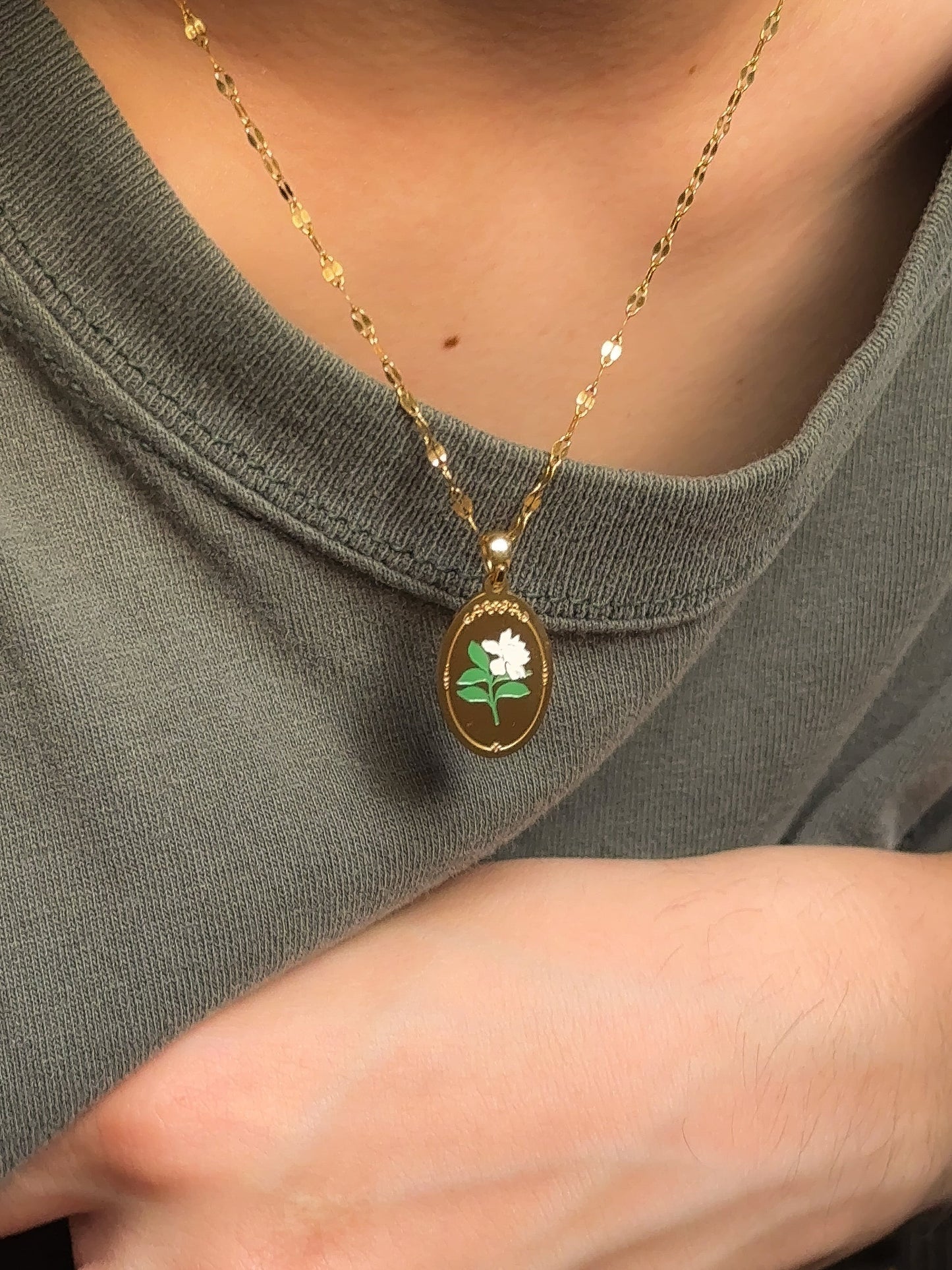 This Was All For You | Oval Pendant Necklace | Gardenia Flower, Stainless Steel