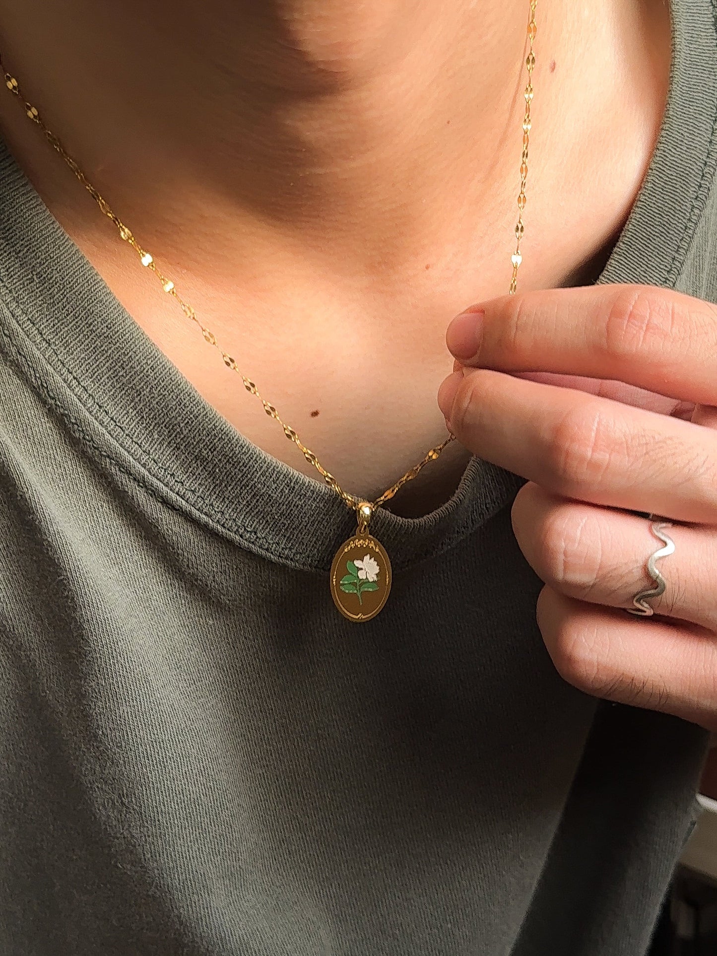 This Was All For You | Oval Pendant Necklace | Gardenia Flower, Stainless Steel