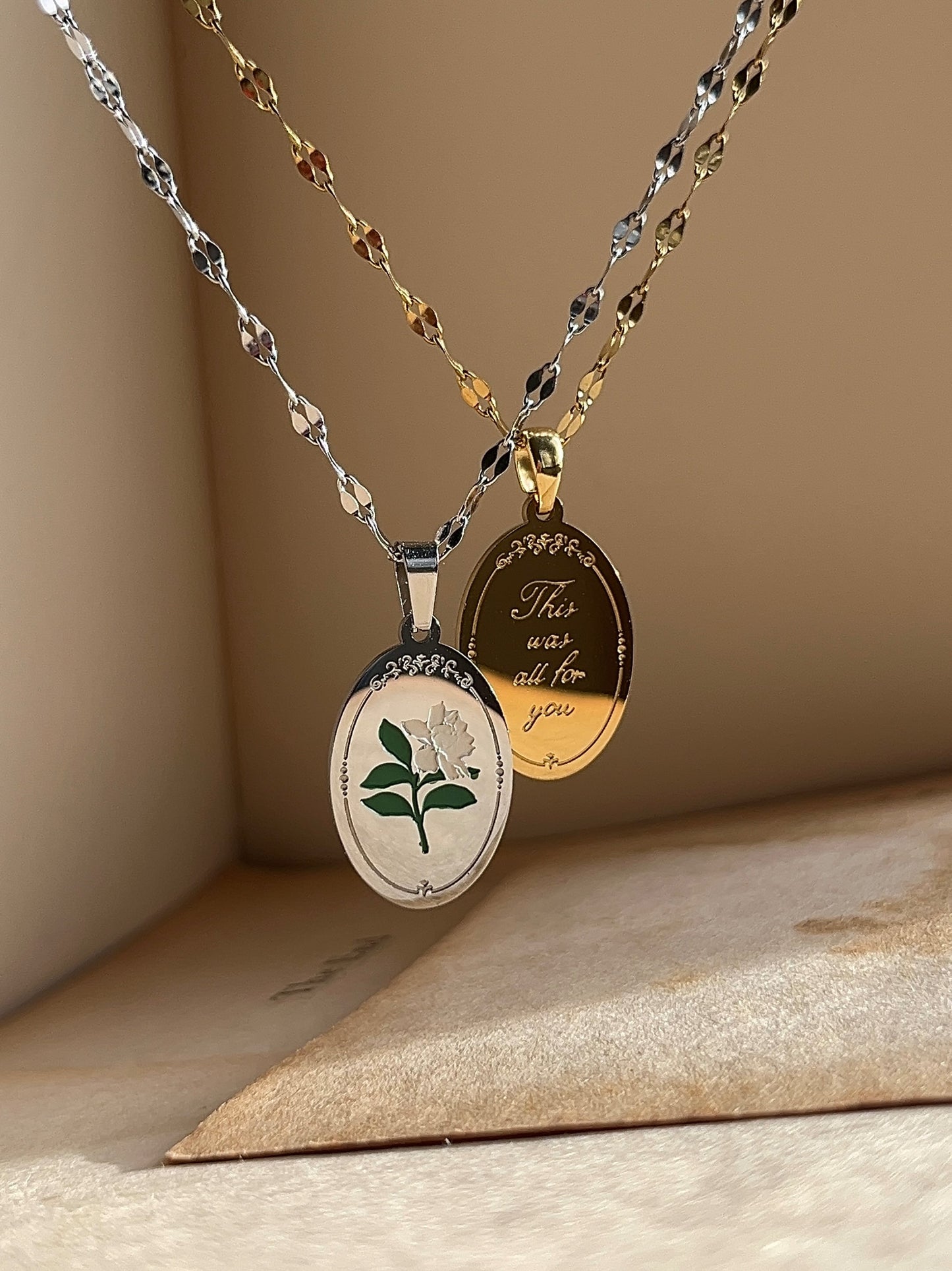 This Was All For You | Oval Pendant Necklace | Gardenia Flower, Stainless Steel