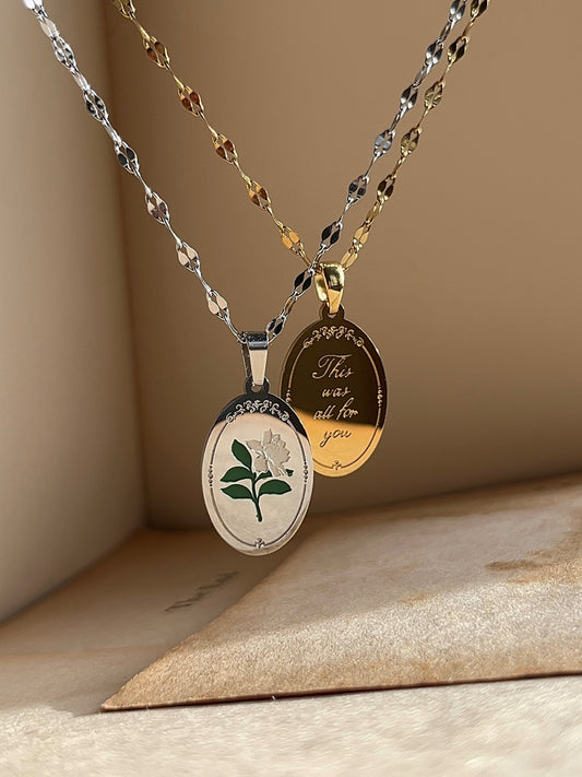 This Was All For You | Oval Pendant Necklace | Gardenia Flower, Stainless Steel