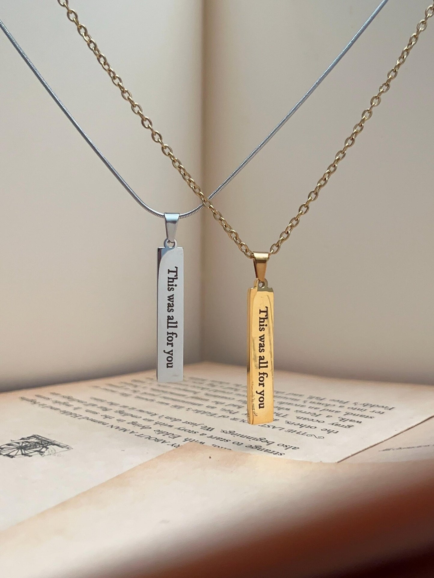 This Was All For You | Rectangle Engraved Pendant Necklace | Stainless Steel