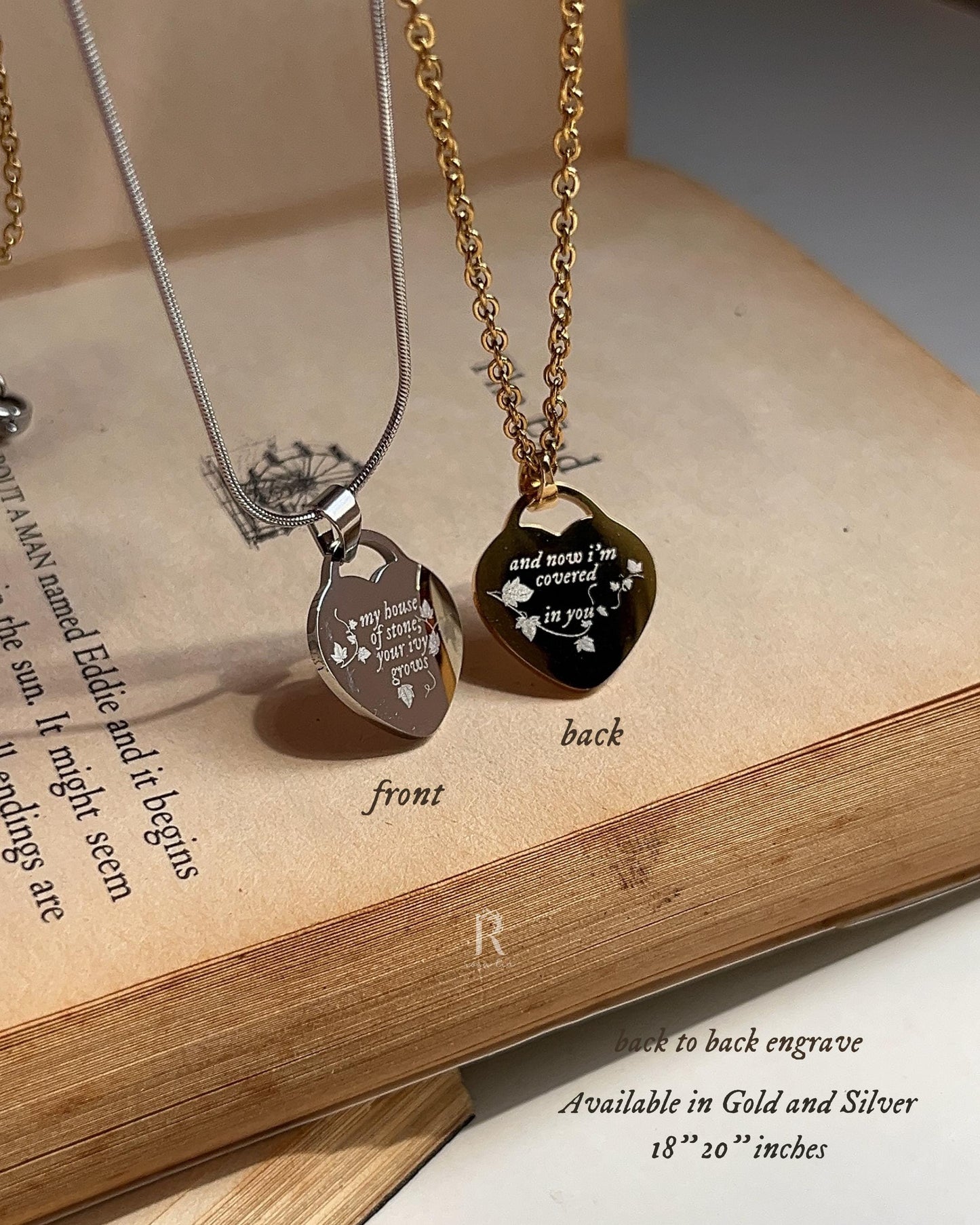 I’m Covered In You -  Engraved Heart Necklace: Ivy Design, Stainless Steel Pendant