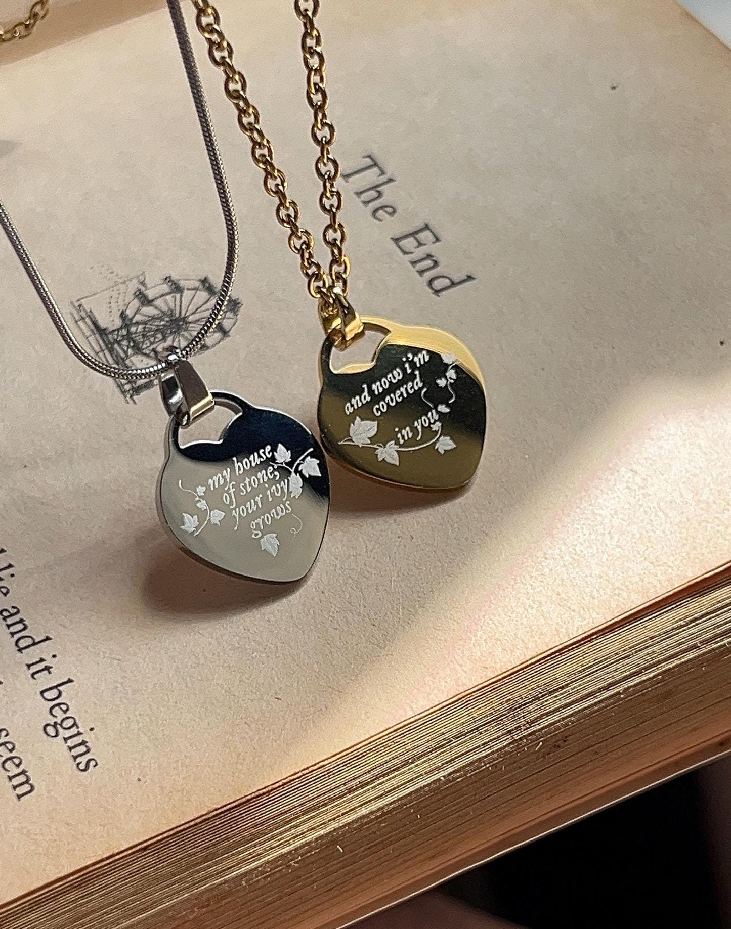 I’m Covered In You -  Engraved Heart Necklace: Ivy Design, Stainless Steel Pendant
