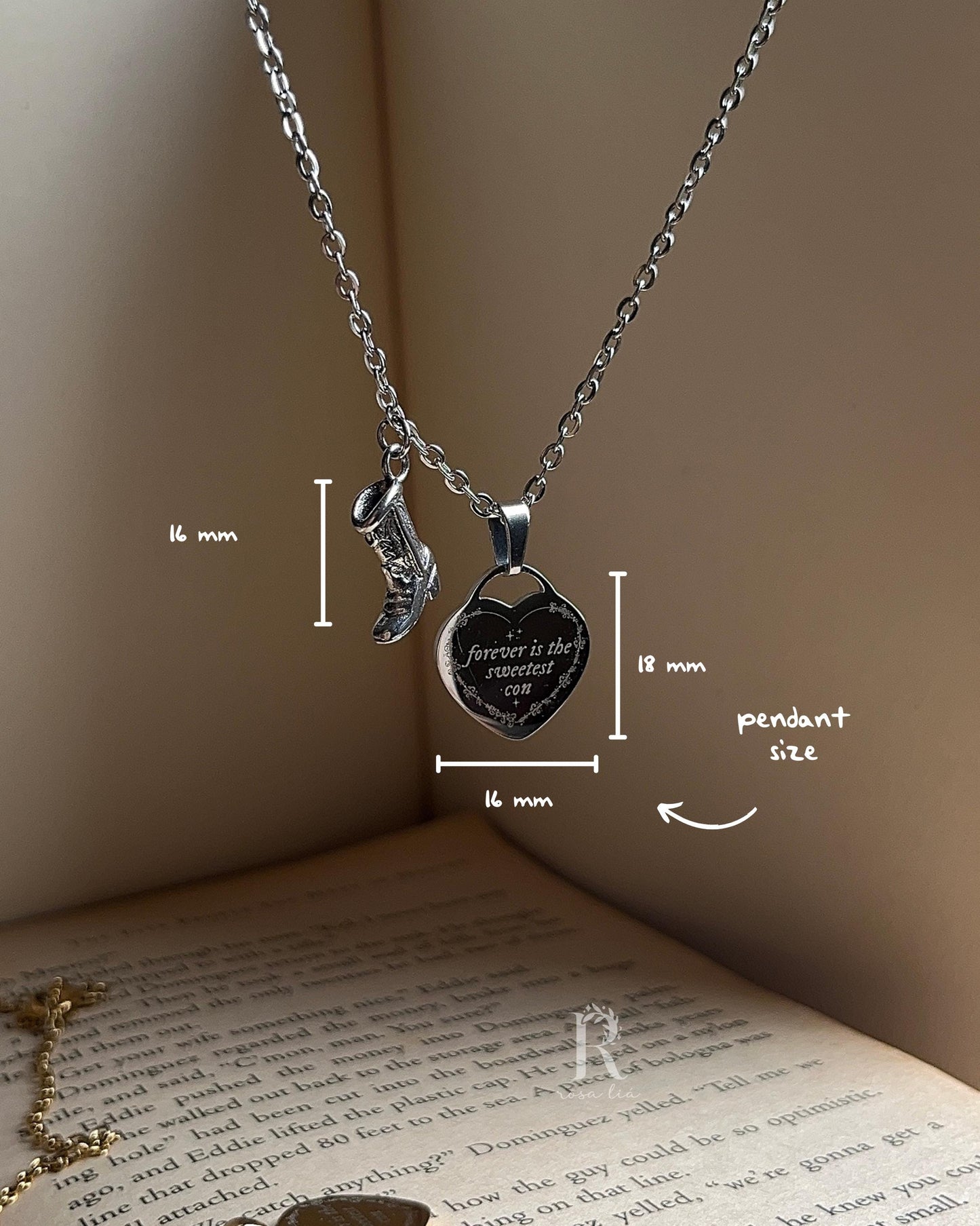 Cowboy Boots Heart Pendant Necklace: Engraved Stainless Steel Double Charm