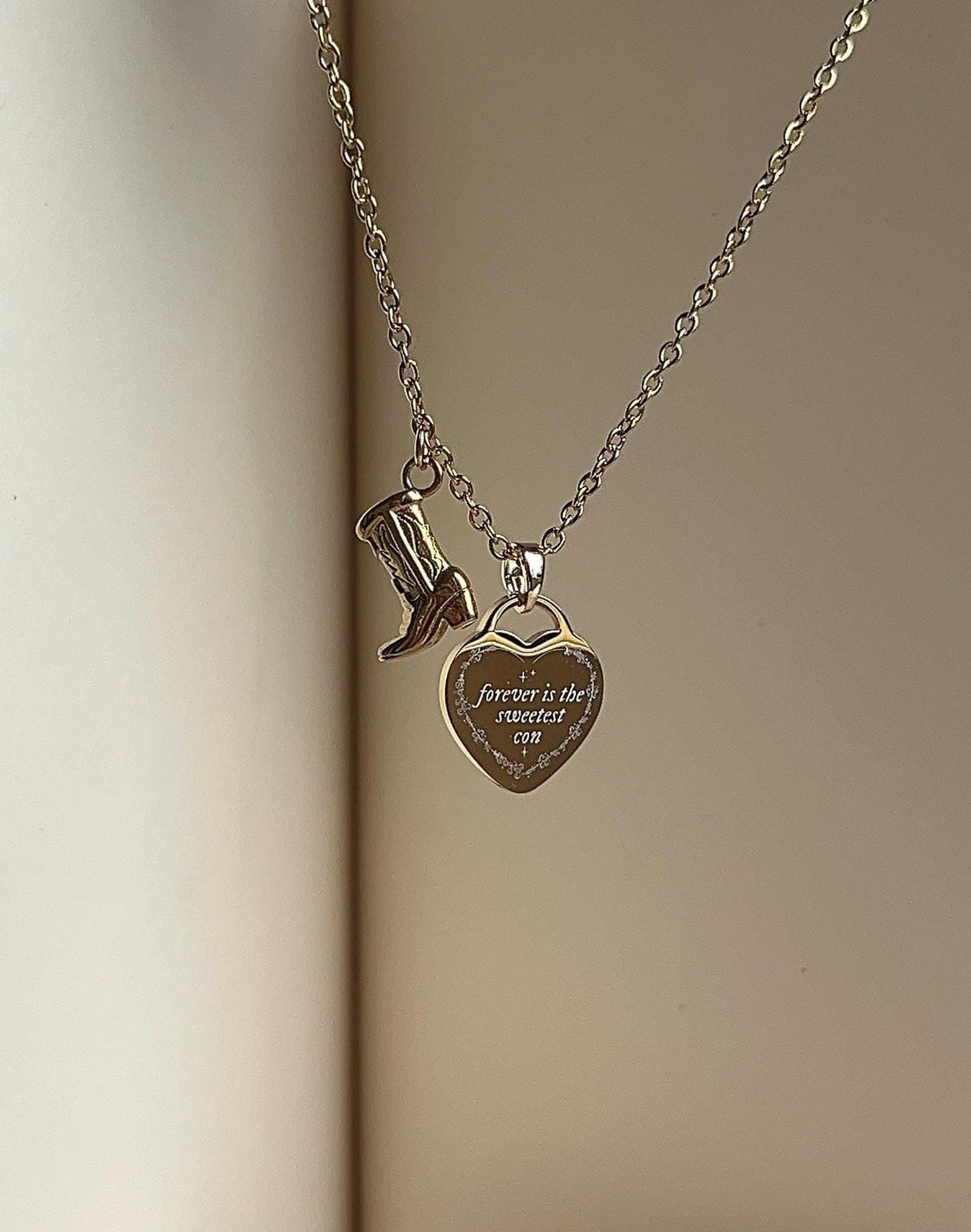 Cowboy Boots Heart Pendant Necklace: Engraved Stainless Steel Double Charm