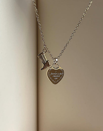 Cowboy Boots Heart Pendant Necklace: Engraved Stainless Steel Double Charm
